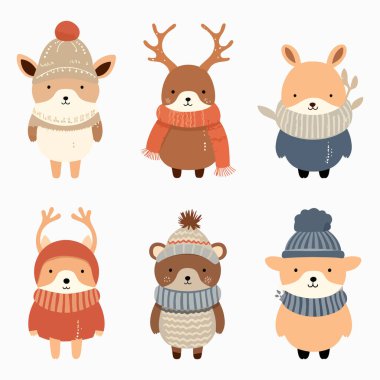Vahşi hayvan koleksiyonu. Düz dizayn çizgi film karakterleri. Boyunluğu Olan Hayvanlar, Mutlu Noeller, Xmas, Mutlu Yıllar, Kutlamalar. Kış giysileri, atkı, şapka. Sevimli hayvan karakterleri, beyaz üzerine izole edilmiş vektör çizimi.