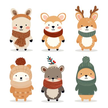 Vahşi hayvan koleksiyonu. Düz dizayn çizgi film karakterleri. Boyunluğu Olan Hayvanlar, Mutlu Noeller, Xmas, Mutlu Yıllar, Kutlamalar. Kış giysileri, atkı, şapka. Sevimli hayvan karakterleri, beyaz üzerine izole edilmiş vektör çizimi.
