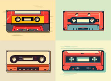 Vintage kaset kaseti. Retro mixtape, 1980'lerin pop şarkıları kasetleri ve stereo müzik kasetleri. 90s hifi disko dans audiocassette, analog çalar kayıt kaset. Yalıtılmış semboller vektör seti