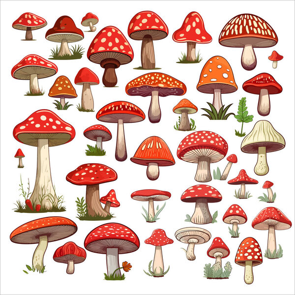 Mushrooms collection of vector flat illustrations isolated on white in round. Cep, chanterelle, honey agaric. Trendy flat mushrooms set. Beautiful colorful mushrooms. Flat design concepts. Creative vector illustration