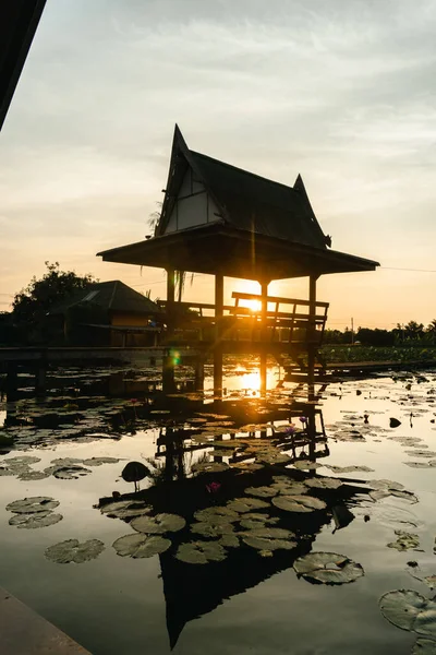 Lotus havuzunda geleneksel Tayland usulü pavyon. Ahşap Tayland pavyonu günbatımını yansıtıyor. Nehirdeki eski ahşap Tayland köşkü.