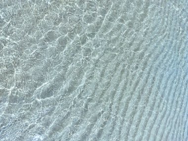 Kumsalda su dalgalanması. Şeffaf mavi renkli berrak su yüzeyi dokusu. Su arka planı, dalgalarla dalgalanma ve akış. Mavi su parlıyor. Deniz, okyanus yüzeyi. Tepeden bakınca. Düz dizayn.