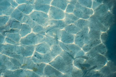 Kumsalda su dalgalanması. Şeffaf mavi renkli berrak su yüzeyi dokusu. Su arka planı, dalgalarla dalgalanma ve akış. Mavi su parlıyor. Deniz, okyanus yüzeyi. Tepeden bakınca. Düz dizayn.