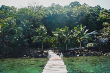 Uzun tahta köprü güzel tropikal adada denize gider. Huzurlu panoramik manzara. Bang Bao Sahili 'ndeki ahşap iskele Koh Kood Adası Tayland Trat, tropik plaj palmiye ağaçları ve turkuaz renkli okyanus güneşli bir günde, Ko Kut Adası