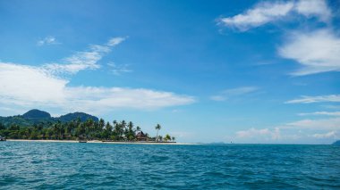 Tayland 'daki Koh Mook adasında güzel plaj ve palmiye ağaçları. Beyaz kum ve turkuaz renkli okyanusla tropik sahil manzarası.