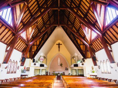 Mavi gökyüzü arka planında Domaine De Marie Kilisesi piskoposluğu içinde güneşli bir günde, Da Lat, Lam Dong, Vietnam 'da bulunan çam ağacı dallarının arkasında saklı. Eski Fransız mimarisi cemaat üyelerini barış için dua etmeye çekiyor..