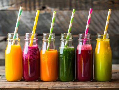 Ahşap arka planda kamışla cam şişelerde meyve ve sebze karışımı. Taze organik meyve püresi malzemeleri. Superfood ve sağlık veya detoks diyet gıda konsepti. Sağlıklı meyve ve sebze suyu karışımı..