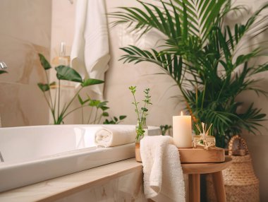 Banyonun içinde banyo küveti ve banyo malzemeleri, modern beyaz küvet ve banyoda güzel yeşil bitkiler var. İç dizayn, ahşap banyo tepsisi, mum, oda spreyi..