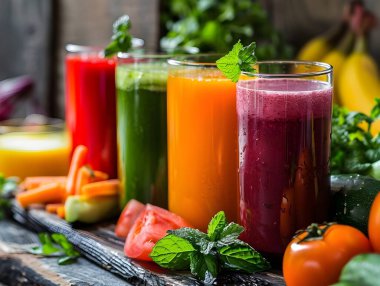 Şeffaf arka plan kesiminde sebze soslu taze sıkılmış meyve suyu. Pek çok farklı çeşidi var. Sağlıklı sebze suyu.