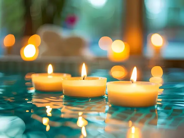 close-up of a set of burning candles in the spa section of a hotel with pool and relax area. Calming spa scene with candles on blurred background. spa concept.