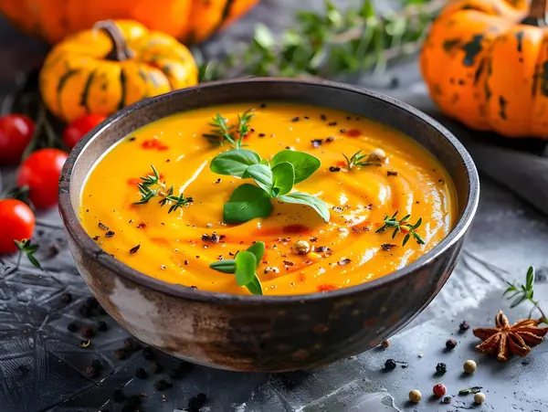 Pumpkin cream soup in bowl with cheese on rustic wooden table. Vibrant Orange Pumpkin Soup with organic herbs and pumpkin seeds in vintage ceramic bowl. Autumn cozy dinner concept