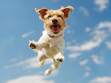 Arka planda mavi bir gökyüzü ile havaya sıçrayan köpek.