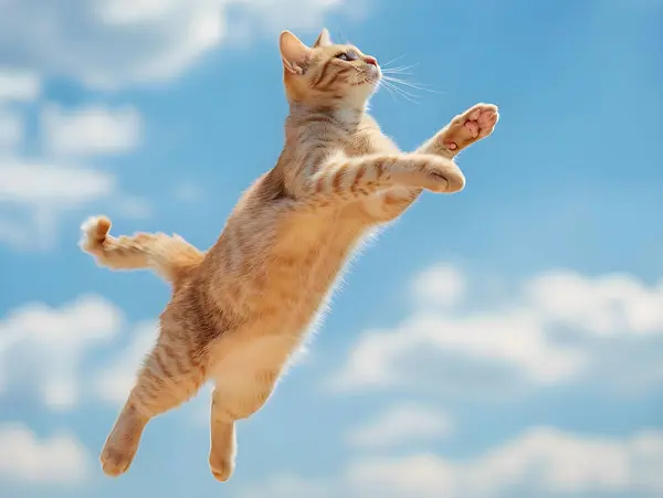 Flying Cat. Cat flies through the air in front of clouded sky, Composing