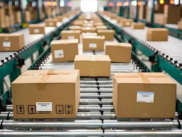 Warehouse Conveyor Belts Pave the Way for Smooth Supply Chains. Cardboard boxes on conveyor belt. Fast International Shipping and Transportation.
