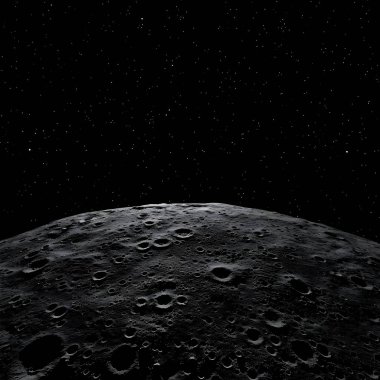 Ay 'ın yüzeyine yaklaşın. Astronomik bir teleskopla görülen dolunay. Geceleri açık gökyüzüne karşı ay manzarası. Ay yüzeyinin yüksek irtifa eğimli görünümü.