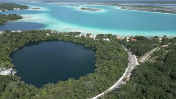 Aerial View Bacalar Cenote Seven Colours Lagoon Mexico Travel Holiday — Stock Video
