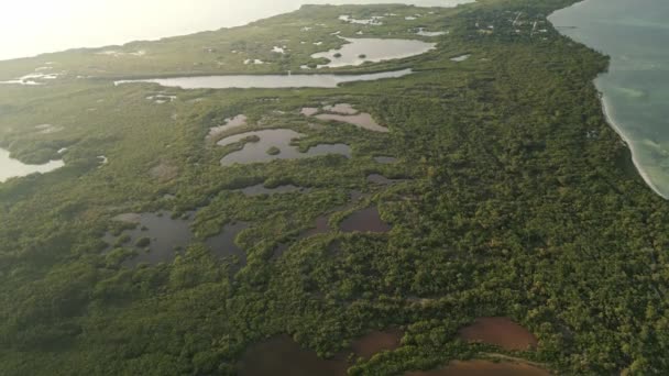 Antenn Vid Solnedgången Tulum Sian Kaan Mexiko Naturreservat Biosfär Punta — Stockvideo