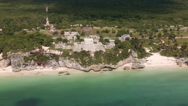 Беспилотник Пролетает Над Территорией Древней Цивилизации Майи Мексике Тулум Карибский — стоковое видео