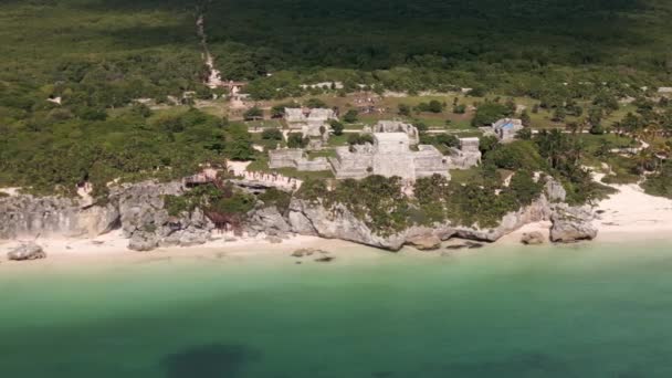 Aerial Tulum Ruins Yucatan Mexico Popular Destination Tourists Overlooking Caribbean — Stock Video