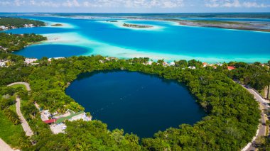 Aerial of Bacalar Mexico laguna seven colours beach resort town on the lake high angle drone footage  clipart