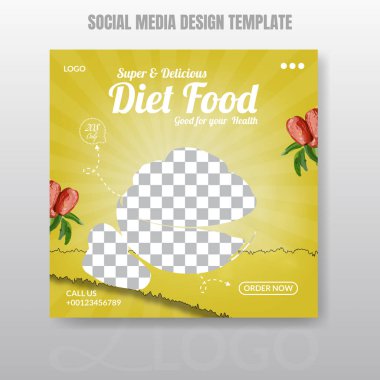 Lezzetli meyve suyu ve sağlıklı yiyecek tanıtım postası veya sosyal medya postası tasarım şablonu.