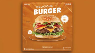 Burger Sosyal Medya Yemek Postası Şablon Tasarımı. Fast food sosyal medya yemekleri poster tasarımı. Hamburger ve sosyal medya gıda konsepti için İş Broşürü, Şablon veya poster tasarımı.
