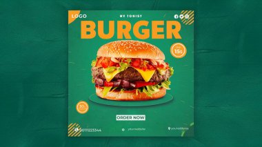 Burger Sosyal Medya Yemek Postası Şablon Tasarımı. Fast food sosyal medya yemekleri poster tasarımı. Hamburger ve sosyal medya gıda konsepti için İş Broşürü, Şablon veya poster tasarımı.