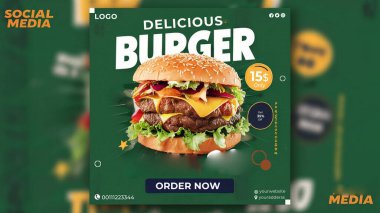 Burger Sosyal Medya Yemek Postası Şablon Tasarımı. Fast food sosyal medya yemekleri poster tasarımı. Hamburger ve sosyal medya gıda konsepti için İş Broşürü, Şablon veya poster tasarımı.