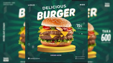 Burger Sosyal Medya Yemek Postası Şablon Tasarımı. Fast food sosyal medya yemekleri poster tasarımı. Hamburger ve sosyal medya gıda konsepti için İş Broşürü, Şablon veya poster tasarımı.