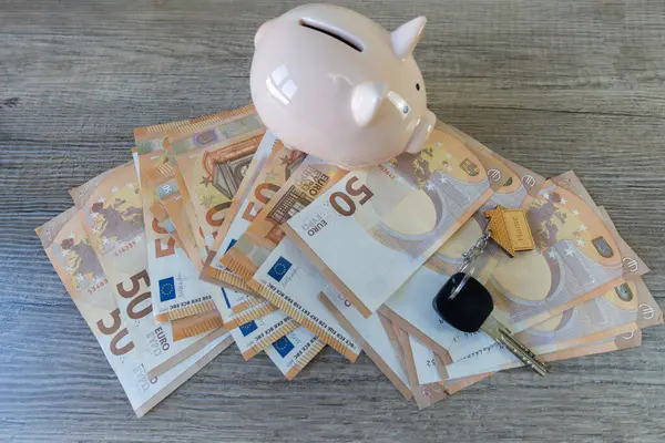 piggy bank with house keys and lots of euro bills on a table. concept home purchase.