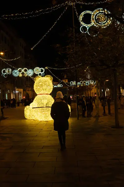 woman with her back turned admires the Christmas decorations. a large bear illuminated with led bulbs on the street at night.