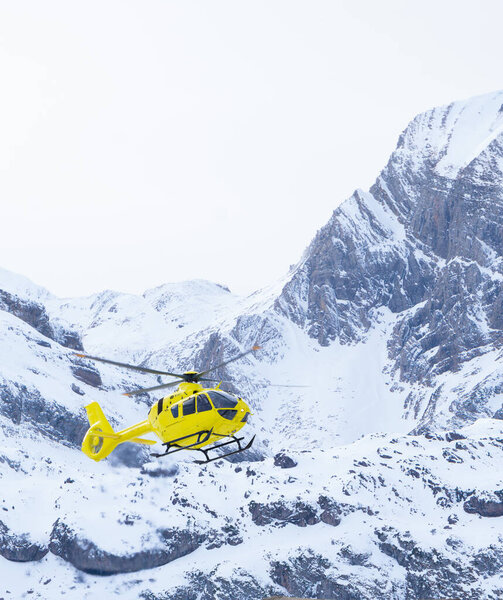 close-up photo of yellow helicopter flying in snowy mountains. helicopter travels.
