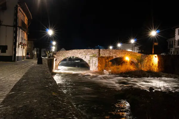 Romanesque bridge illuminated at night with a strong current of water in Navarre Spain