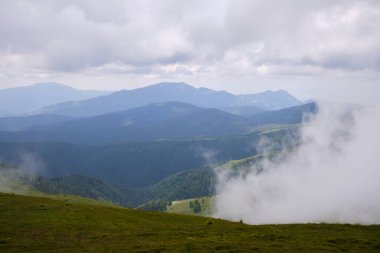 Alçak bulutlar içindeki dağ vadisine bak. Bulutlar içindeki dağlar. Romanya 'daki Karpatlar dağları. Baiului Dağları patikaları.