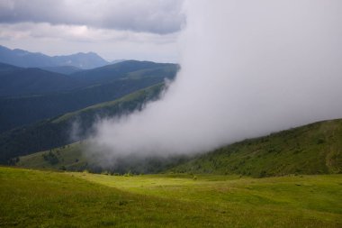 Alçak bulutlar içindeki dağ vadisine bak. Bulutlar içindeki dağlar. Romanya 'daki Karpatlar dağları. Baiului Dağları patikaları.