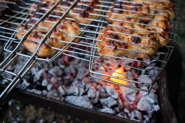 烤鸡肉烤肉 烤架上的鸡腿和鸡翅都有火光 — 图库照片