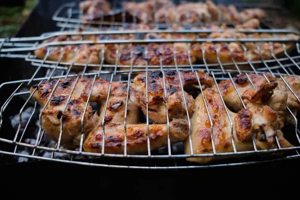 Barbecue Grill Chicken Meat Tasty Chicken Legs Wings Grill Fire — Stock Photo, Image