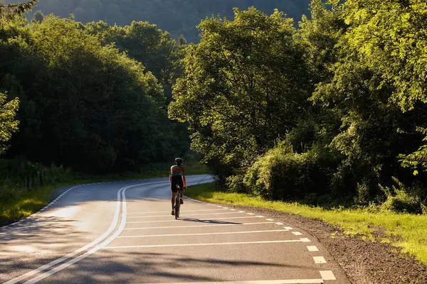 Male cyclist on a road bike riding in a mountainous forest landscape. Cycle in beautiful nature. Training for competition. Sporty man exercising outdoors. Go cycling.