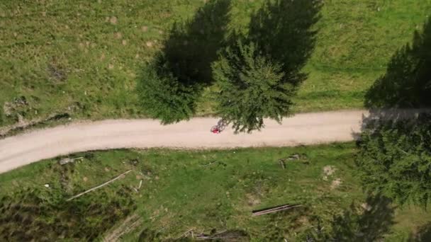 木の間の砂利の道に乗っている女性のサイクリストの空中ドローン映像 健康的なライフスタイルのためのレクリエーションスポーツ活動 汚れた道に乗るバイカー Zrneti ルーマニア — ストック動画