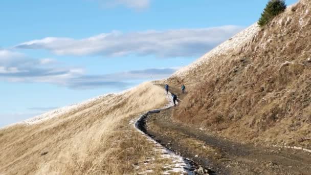 Pueblo Excursionistas Caminando Por Las Montañas Cubiertas Nieve Viajes Activos — Vídeo de stock