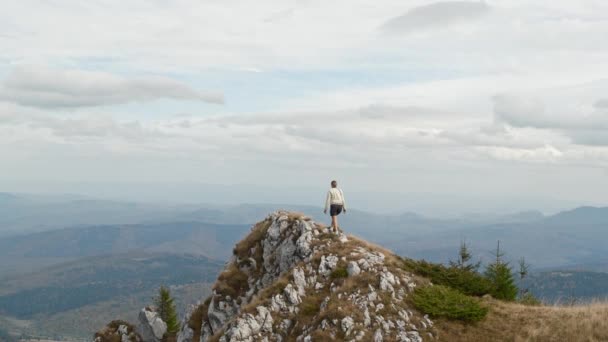 アクティブな女性が登山 秋の旅行の休暇を楽しむ山の上から自然景観を賞賛する女性 ハイキング リラックスして 自由な屋外の自然 山のハイカー — ストック動画