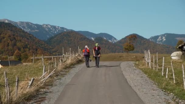 Gente Excursión Dos Mujeres Adultas Caminando Con Mochilas Dos Turistas — Vídeos de Stock