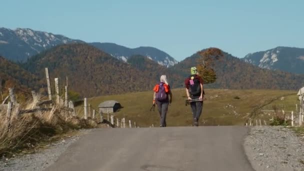 Escursionismo Due Donne Adulte Che Camminano Con Gli Zaini Due — Video Stock