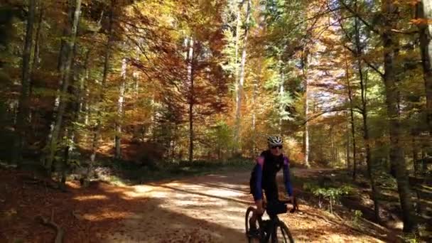 グラベルバイクに乗る女性サイクリスト サイクリングユニフォームとヘルメットを着用する女性サイクリスト 秋の森で砂利道またはオフロードでサイクリング 自然の中でグラベルバイクに乗る グラベルサイクリングアドベンチャー フルシーズン — ストック動画