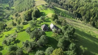 Karpat Dağları 'nın hava aracı görüntüleri. Ormanlı dağ sırtları, dağ çayırları ve evler. Brasov bölgesi, Romanya.