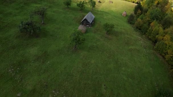 Letecký Bezpilotní Pohled Barevné Malebné Lesy Rumunsku Tradičním Domem Horách — Stock video