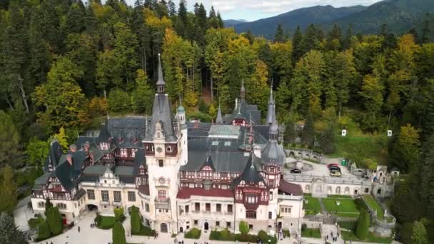 Luftaufnahme Der Burg Peles Rumänien Mit Gärten Und Touristen Den — Stockvideo