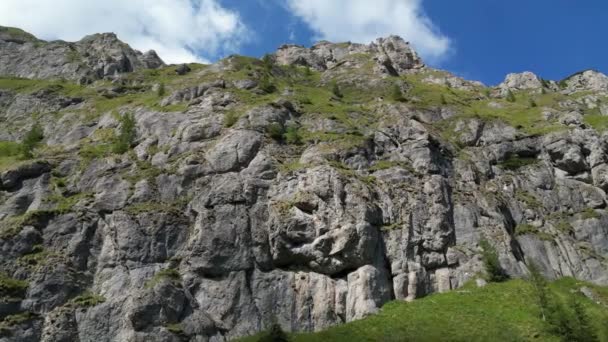 Drohnenrückschuss Der Einen Bergrücken Und Ein Alpental Mit Grünem Gras — Stockvideo