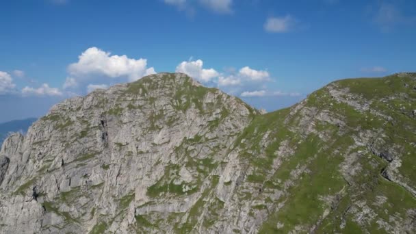 Luftaufnahme Der Felsigen Bergkette Eine Drohne Fliegt Über Die Bewaldeten — Stockvideo
