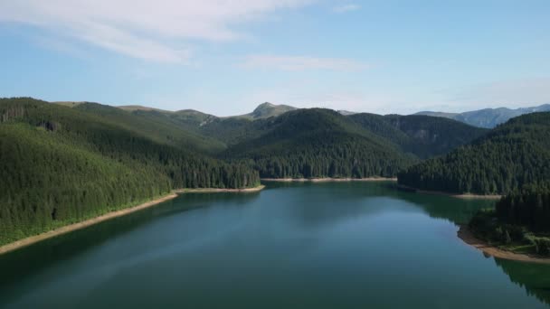 Vista Aérea Del Lago Bolboci Rumania Montañas Bucegi Cubiertas Exuberante — Vídeos de Stock